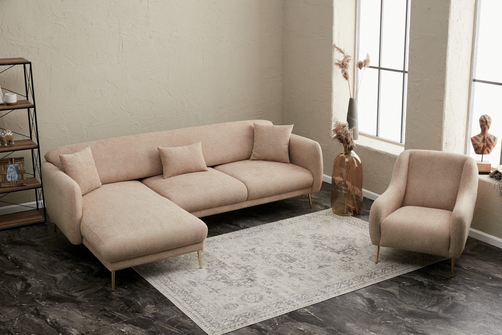 Asir Divano Angolare Letto a sinistro 3 posti in tessuto Simena Beige