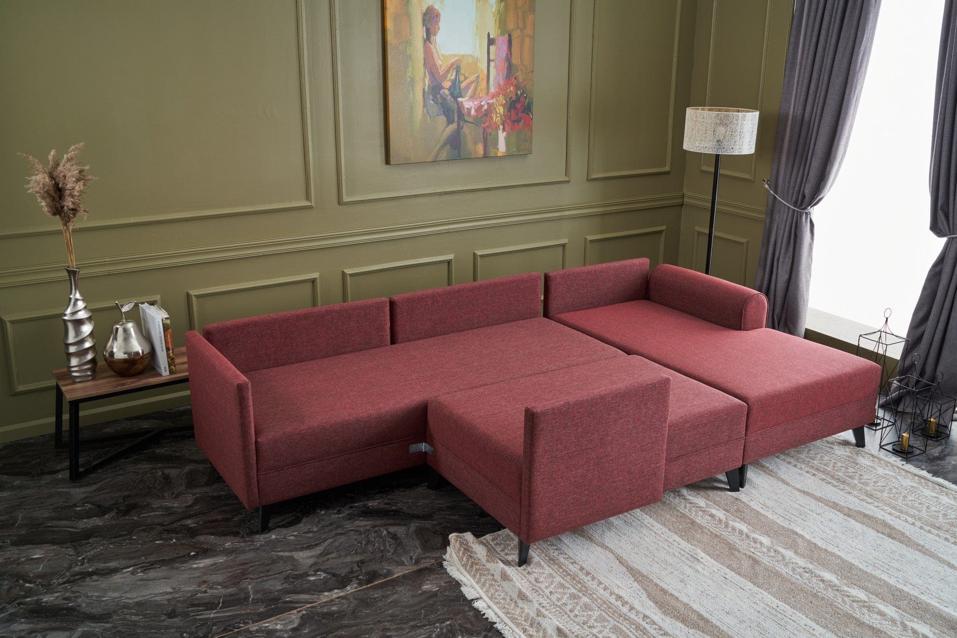 Asir Divano Angolare Letto a sinistro 4 posti in tessuto Belen Bordeaux