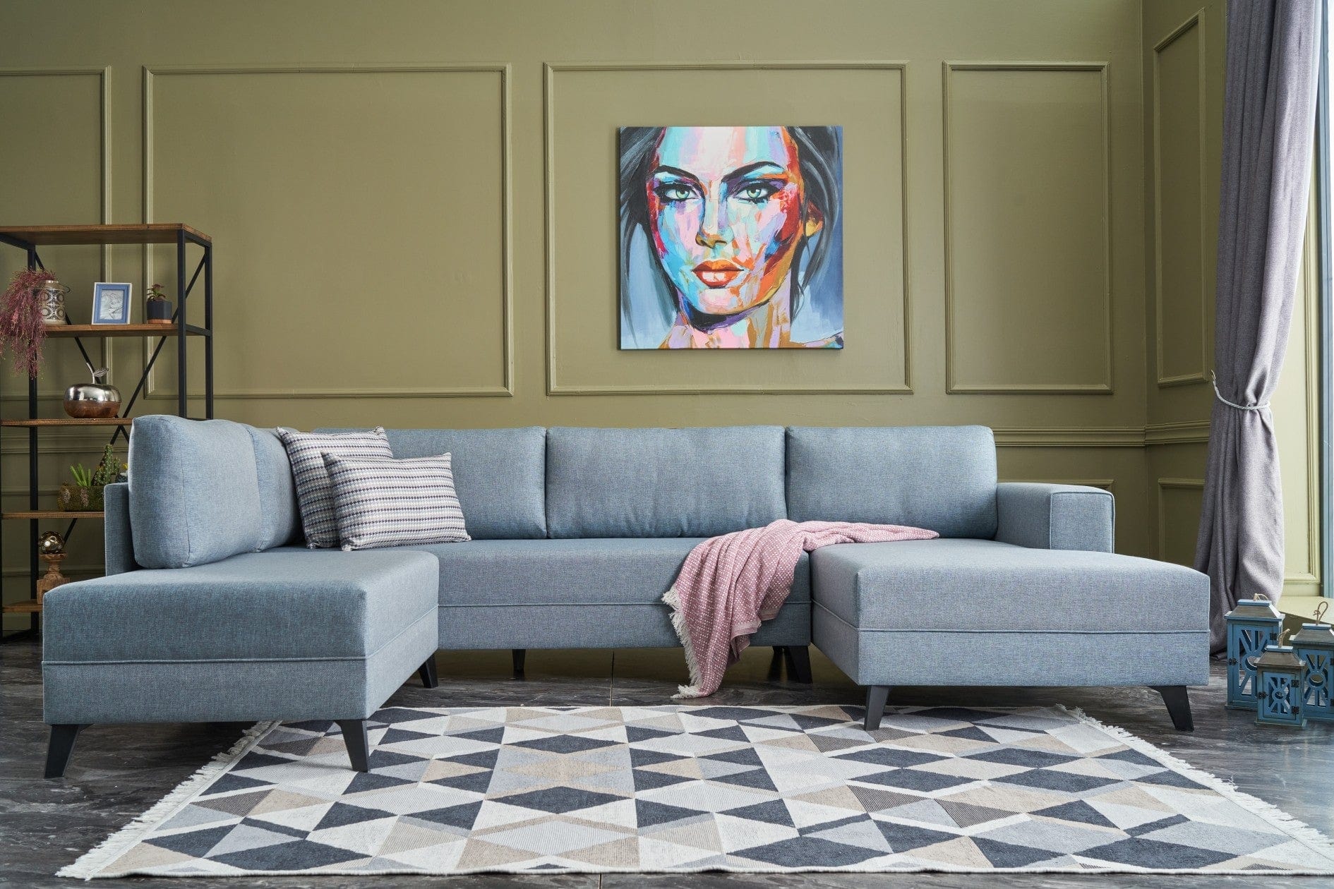 Asir Divano Angolare Letto a sinistro 4 posti in tessuto Efsun Blu