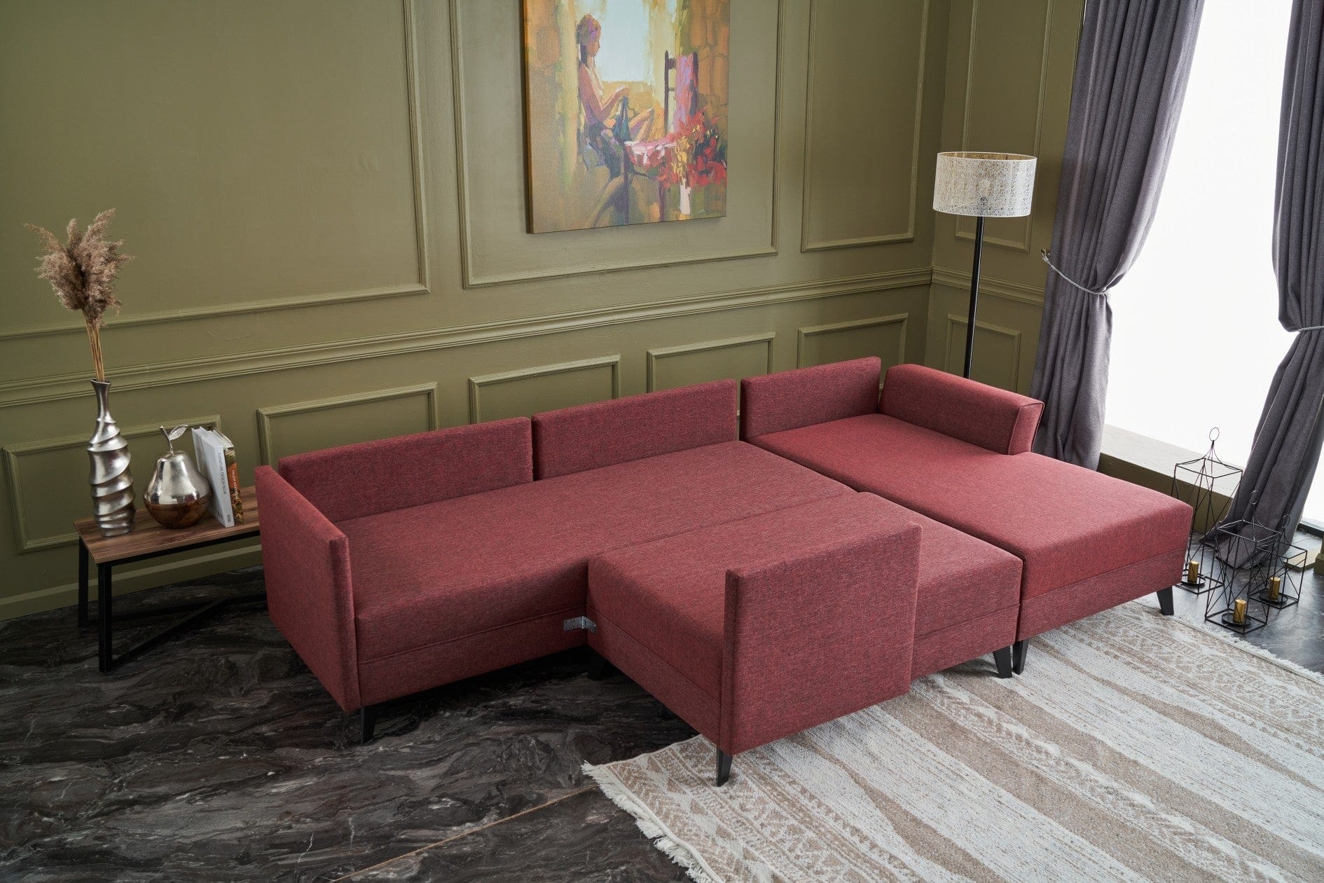 Asir Divano Angolare Letto a sinistro 4 posti in tessuto Eris Bordeaux