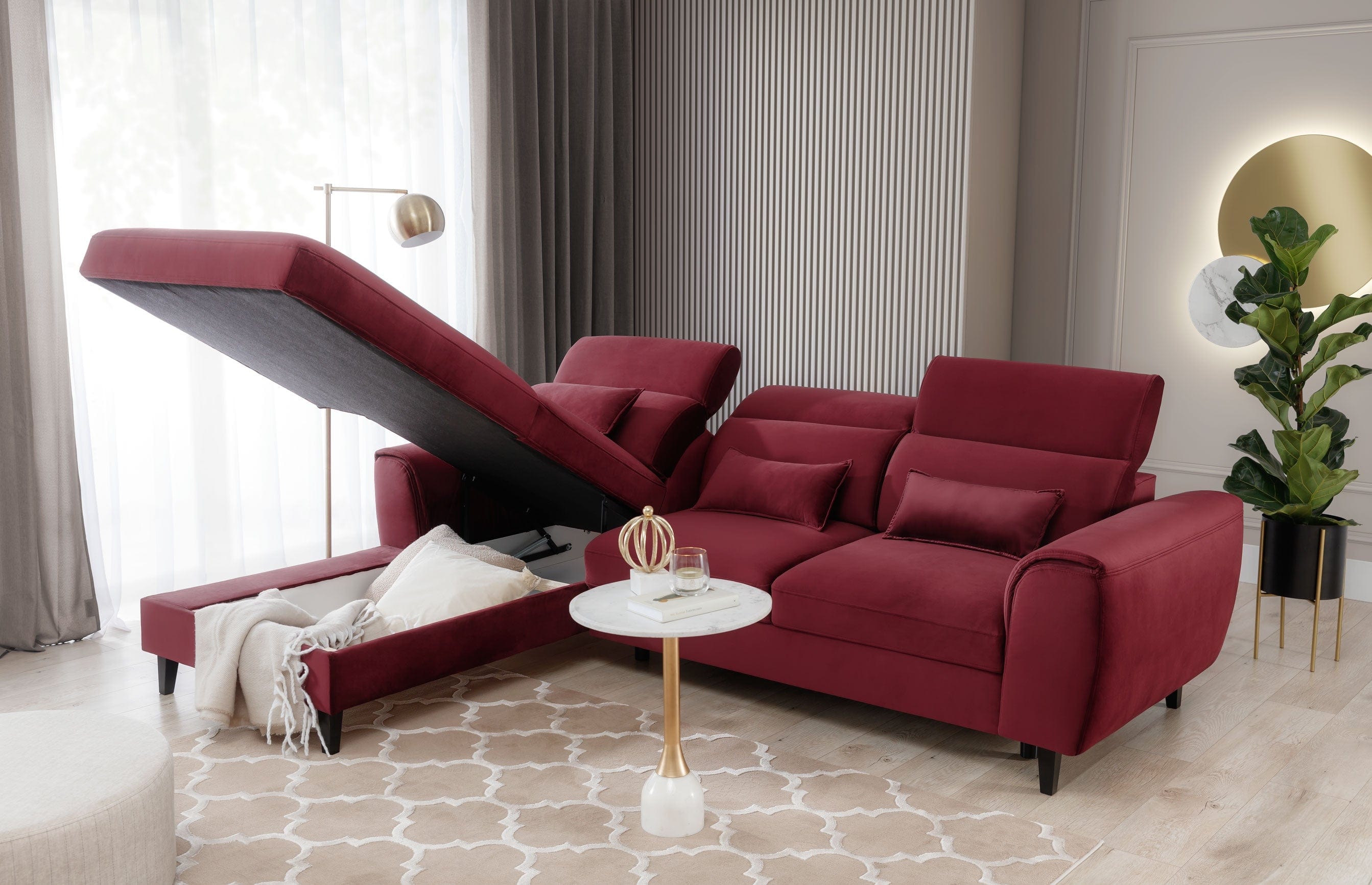 Eltap Divano Angolare Letto a sinistro 4 posti, in velluto Fobleros Plus Bordeaux