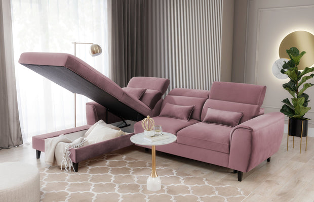 Eltap Divano Angolare Letto a sinistro 4 posti, in velluto Fobleros Plus Rosa