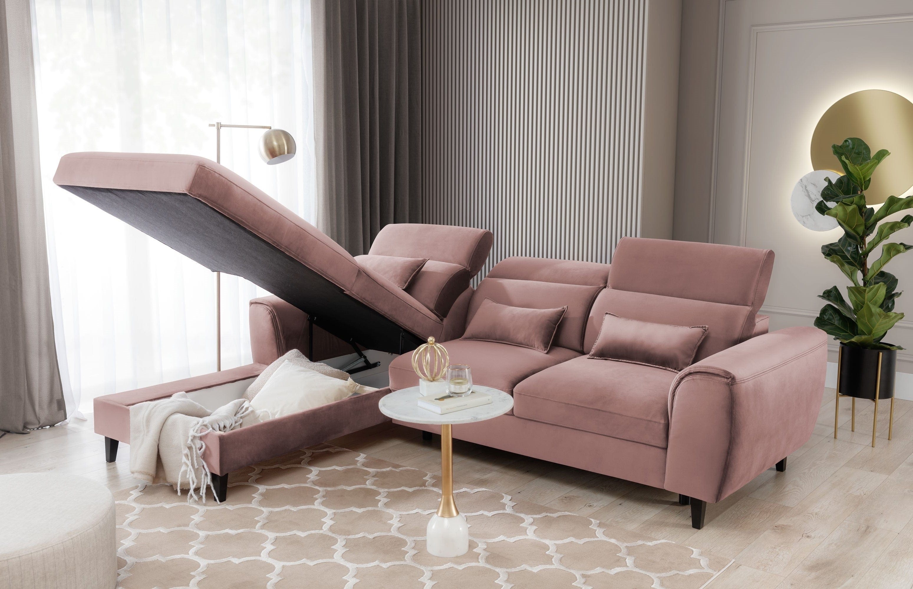 Eltap Divano Angolare Letto a sinistro 4 posti, in velluto Fobleros Plus Rosa