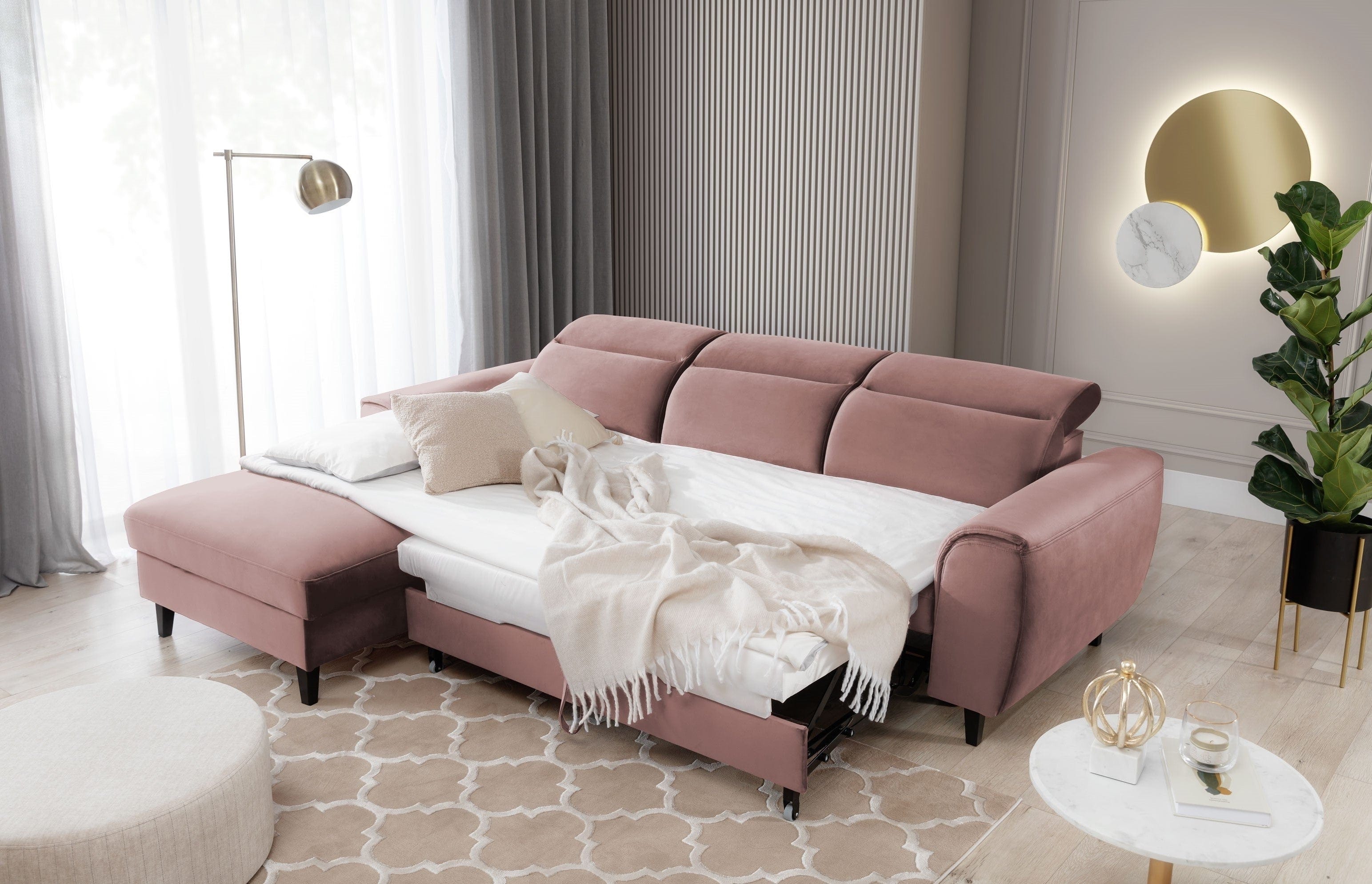 Eltap Divano Angolare Letto a sinistro 4 posti, in velluto Fobleros Plus Rosa