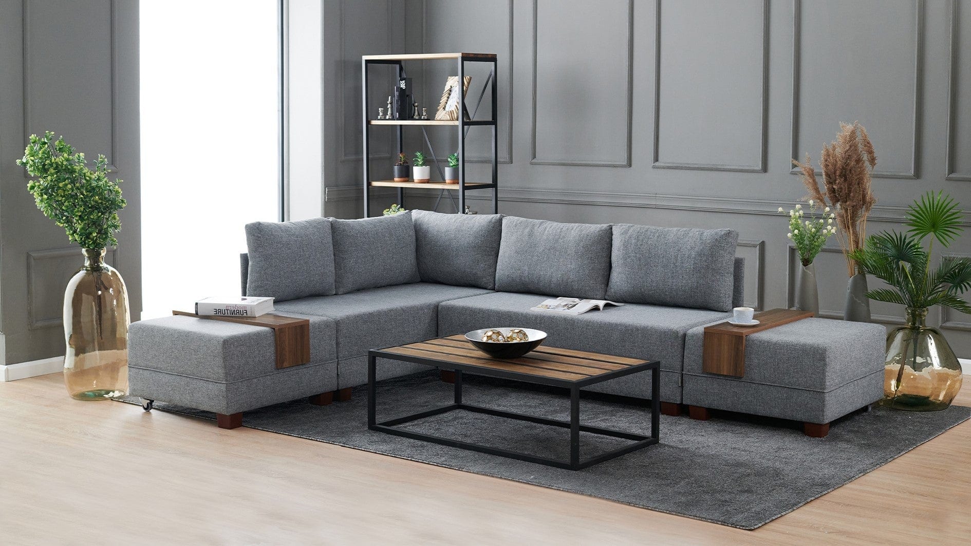 Asir Divano Angolare Letto a sinistro 5 posti in tessuto Fly Grigio
