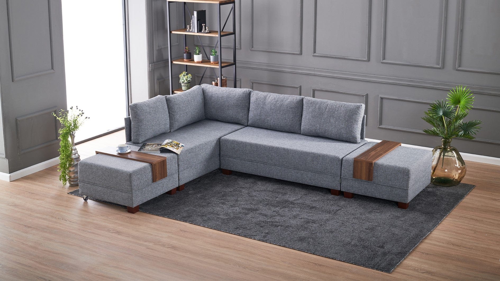 Asir Divano Angolare Letto a sinistro 5 posti in tessuto Fly Grigio
