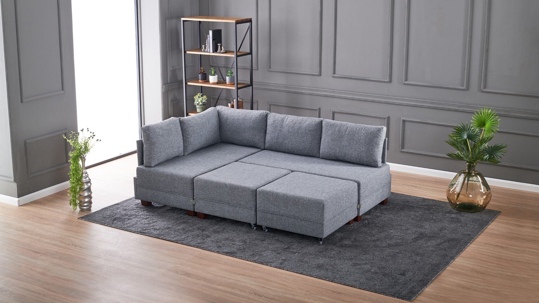 Asir Divano Angolare Letto a sinistro 5 posti in tessuto Fly Grigio