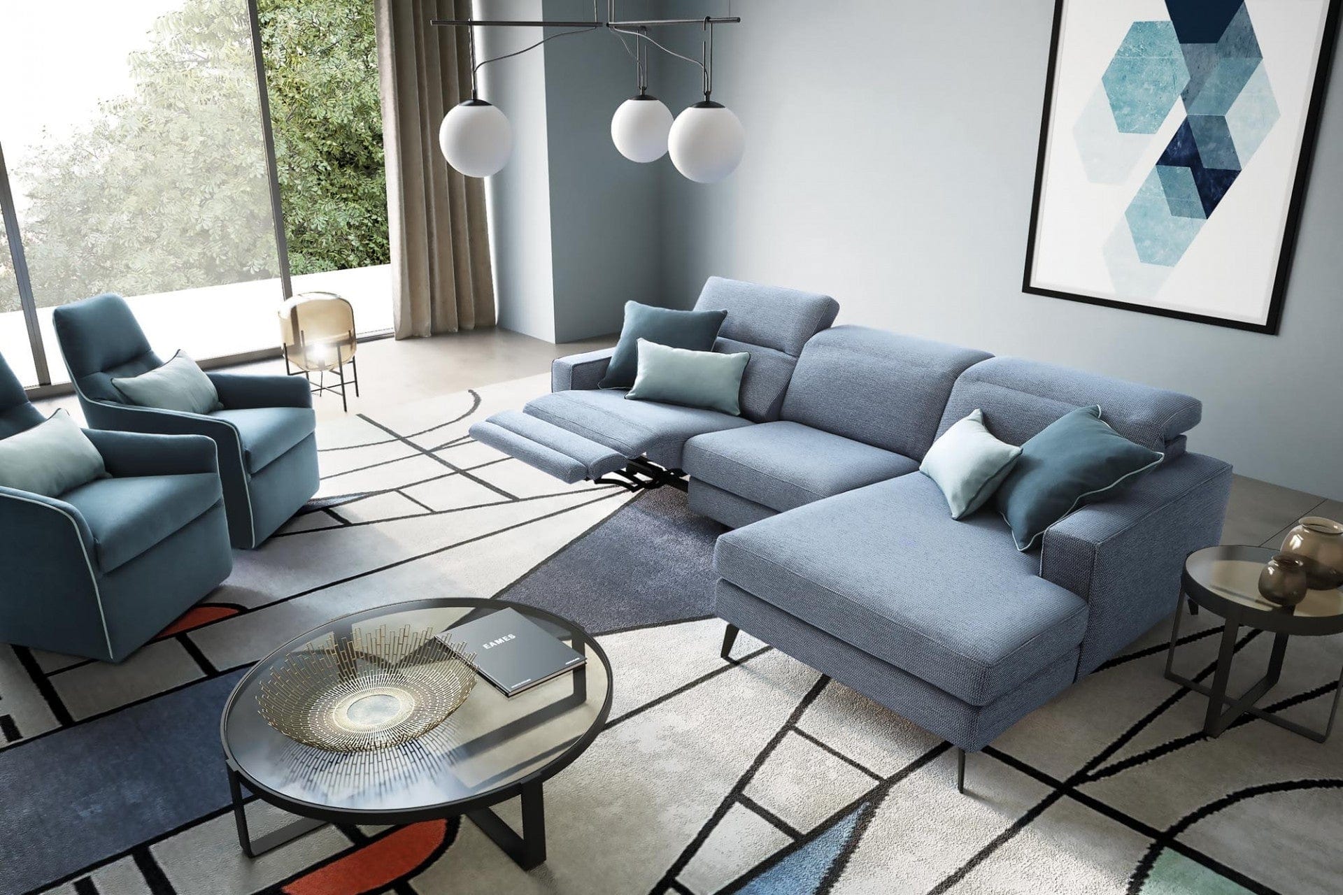 LeComfort Divano angolare relax elettrico a destro 4 posti Chris Blu
