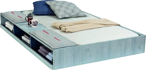 Letto a cassetti con contenitore in paglia per giovani, ragazzi 12-24 anni, Trio Blue, l194xL123xH26 cm