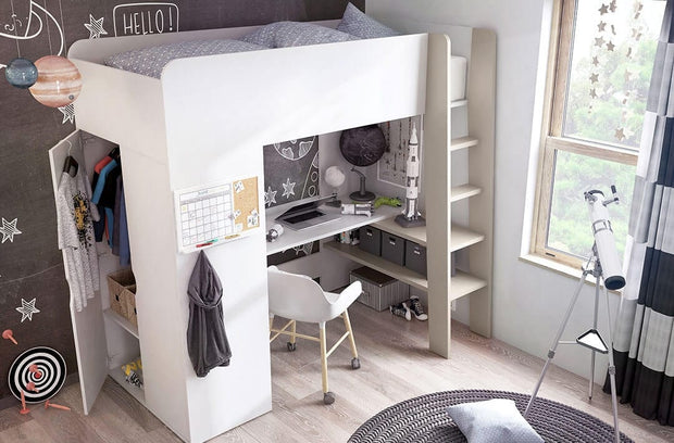 Letto a castello per bambini/adolescenti con scrivania, scaffale e armadio integrati om TO 01 Bianco, 90 x 200 cm (1)