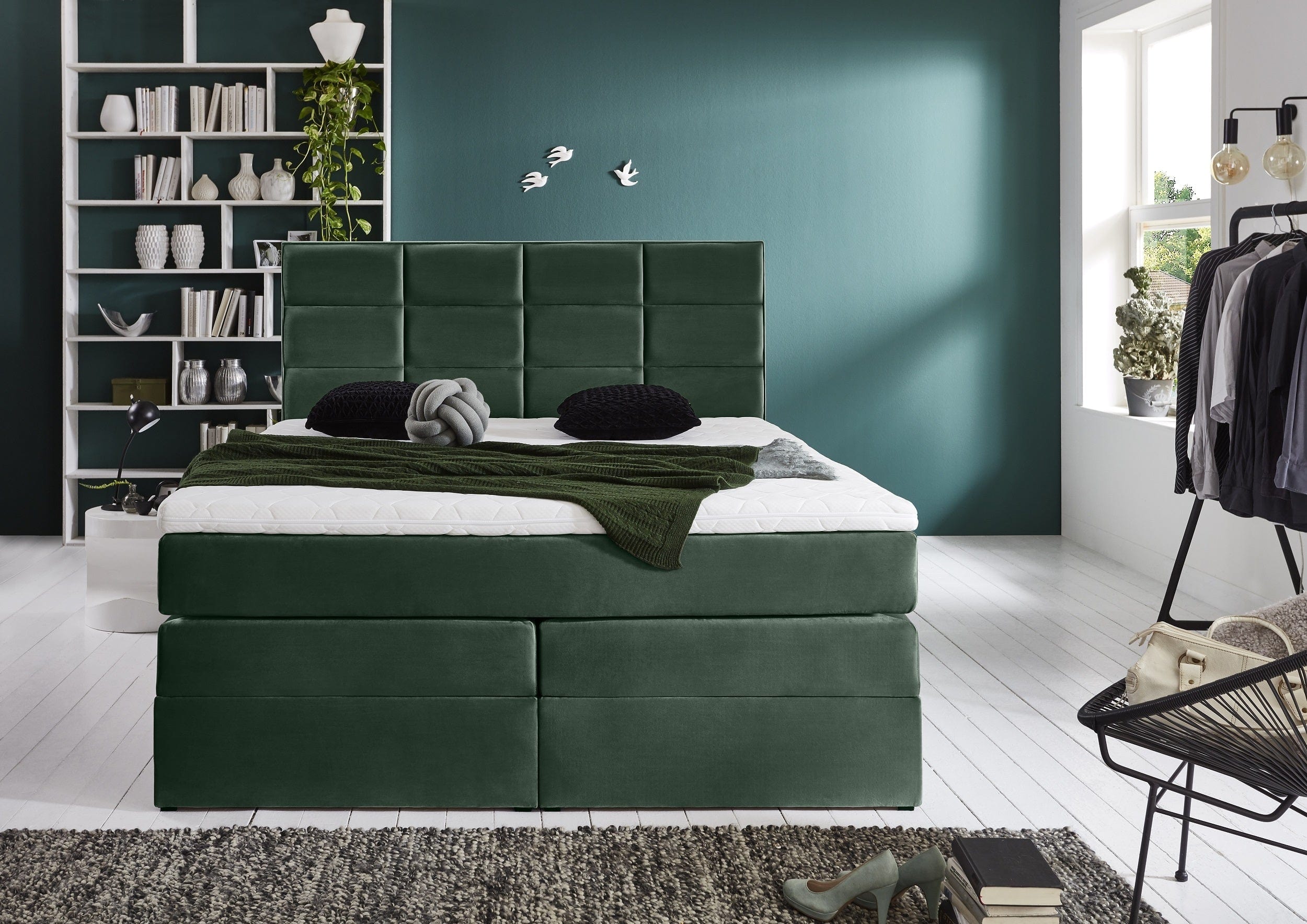 Letto Boxspring con contenitore in velluto Meran Verde (1)