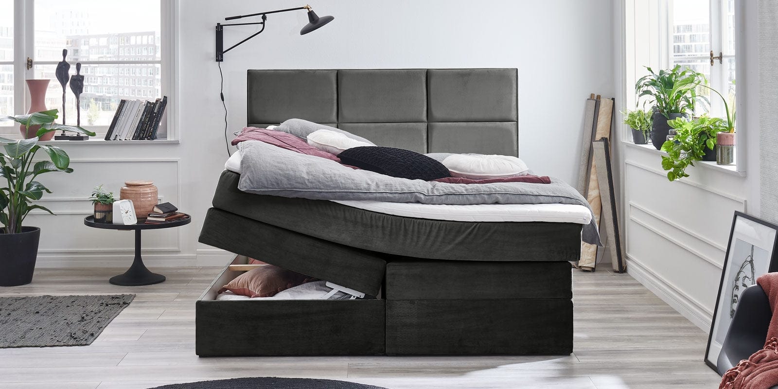 Letto Boxspring con contenitore in velluto York Antracite (4)