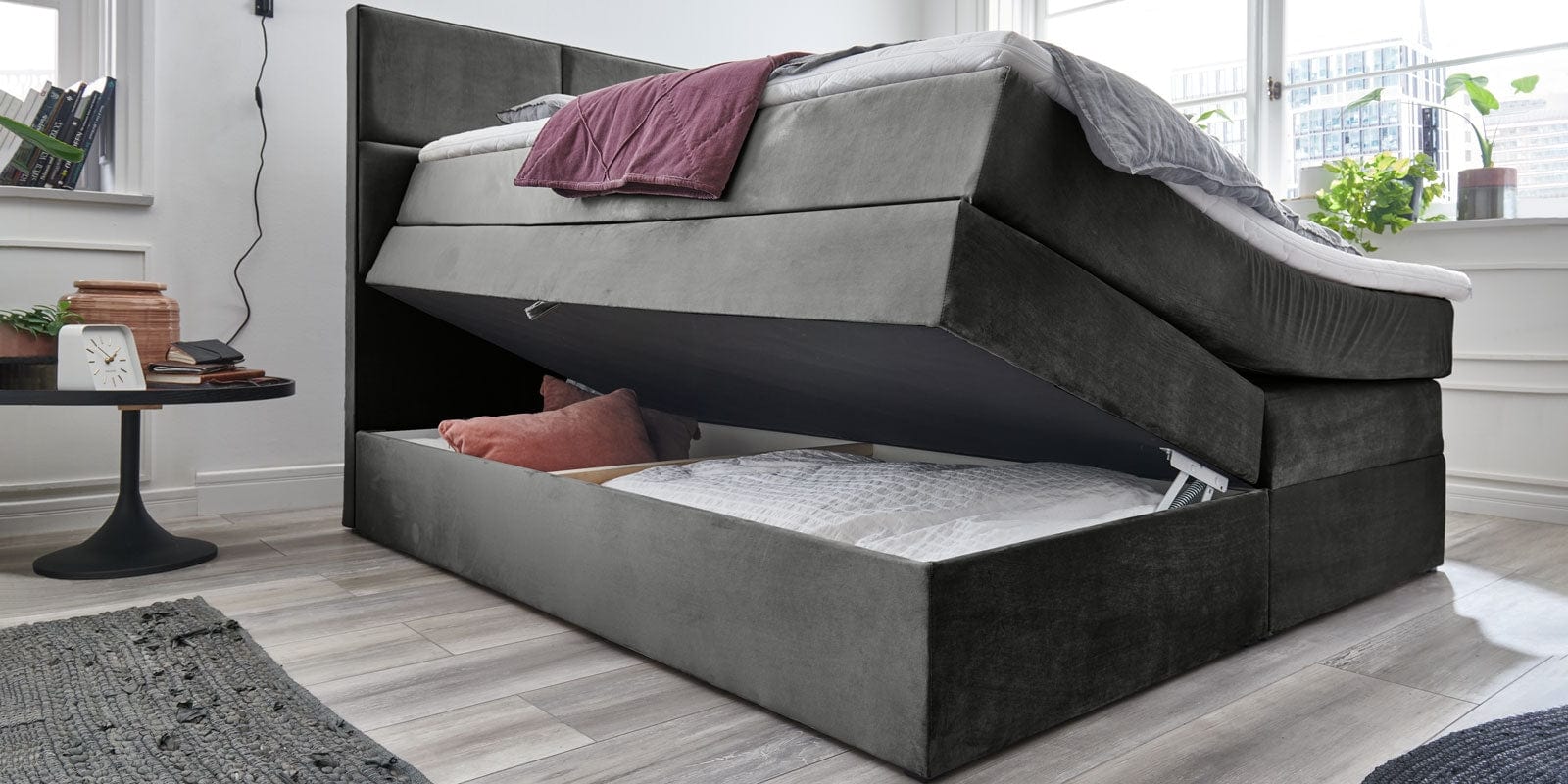Letto Boxspring con contenitore in velluto York Antracite (6)