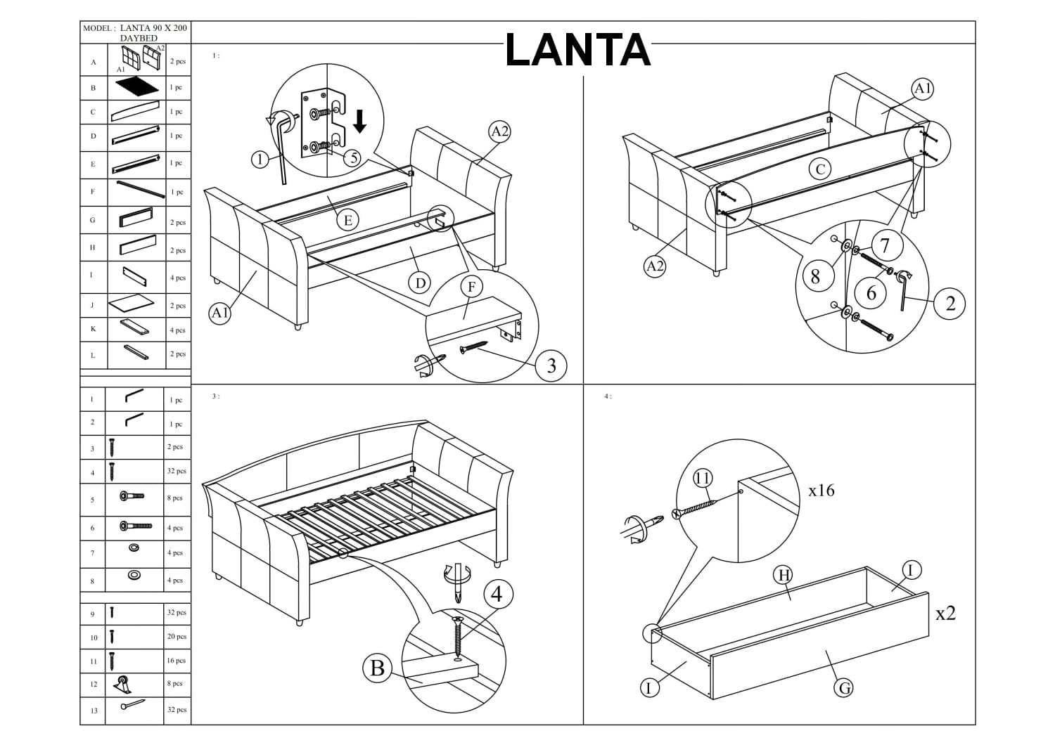 Letto da giorno con cassetti Lanton Grigio (1)