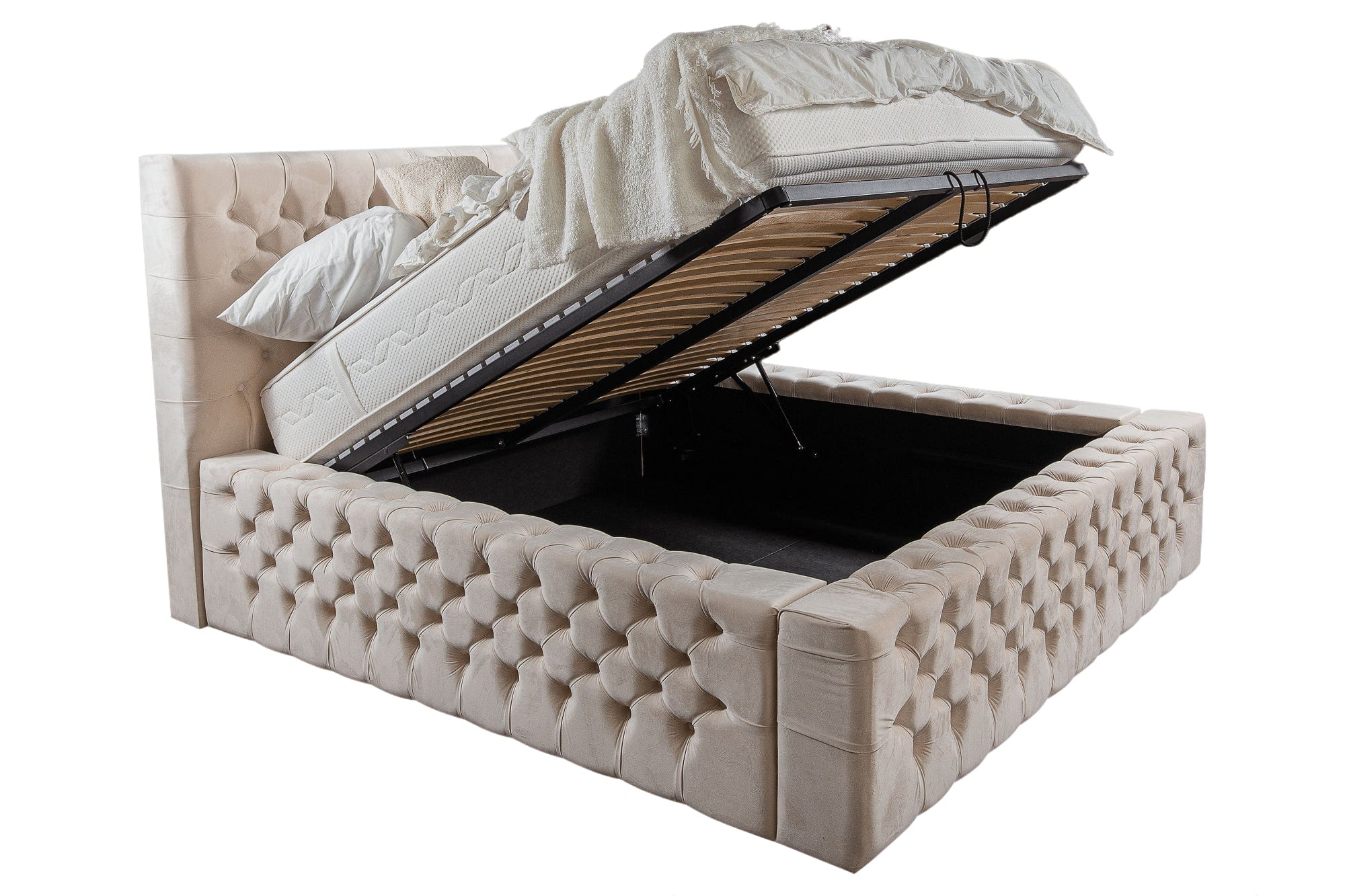 Letto matrimoniale con contenitore in velluto Chester Lux III Crema (1)