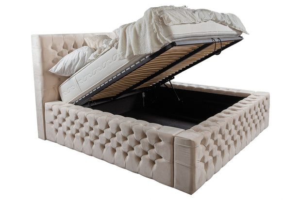 Letto matrimoniale con contenitore in velluto Chester Lux III Crema (1)