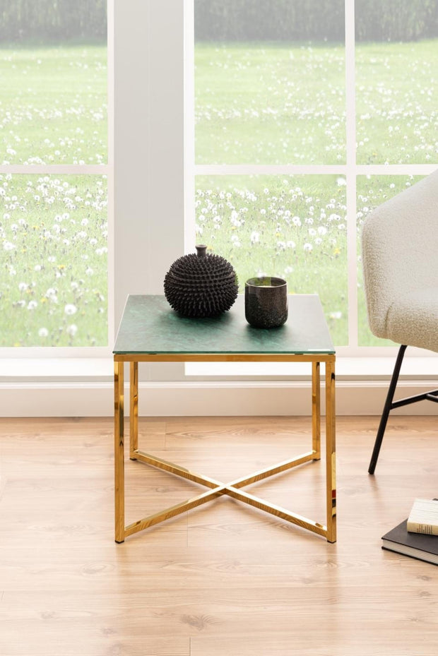 Actona Masa de cafea din sticla si metal, Alisma II Square Verde Inchis / Auriu, L50xl50xH42 cm
