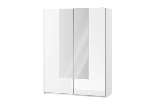 Mobile in MDF e legno chiaro con 2 ante scorrevoli e specchio Gabrielle 30 Bianco, l164xL63xH216 cm