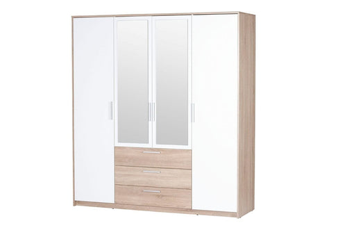 Mobiletto in legno chiaro con 4 ante, 3 cassetti e specchio, Milo 02 Rovere Sonoma / Bianco, largh. 187x largh. 62x alt. 206 cm