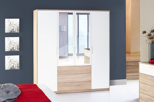 Mobiletto in legno chiaro con 4 ante, 3 cassetti e specchio, Milo 02 Rovere Sonoma / Bianco, largh. 187x largh. 62x alt. 206 cm (1)