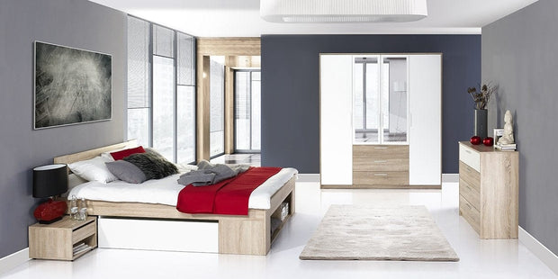 Mobiletto in legno chiaro con 4 ante, 3 cassetti e specchio, Milo 02 Rovere Sonoma / Bianco, largh. 187x largh. 62x alt. 206 cm (2)