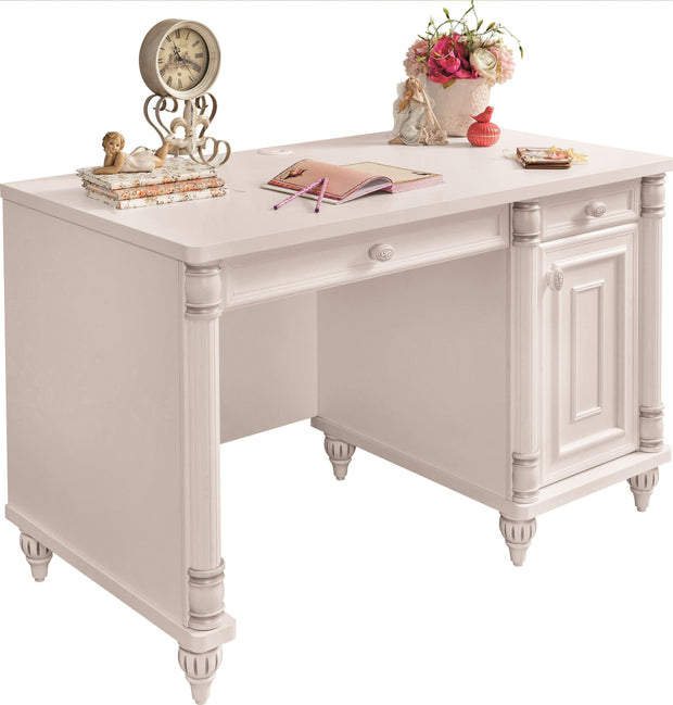 Scrivania in legno con 2 cassetti e 1 anta, per bambini e ragazzi, Romantic White, L117xL62xH75 cm