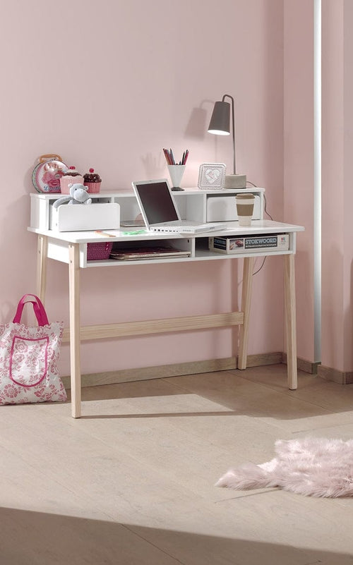 Vipack Scrivania in legno di pino e MDF con 2 cassetti, per bambini Kiddy White, L110xL60xH90 cm