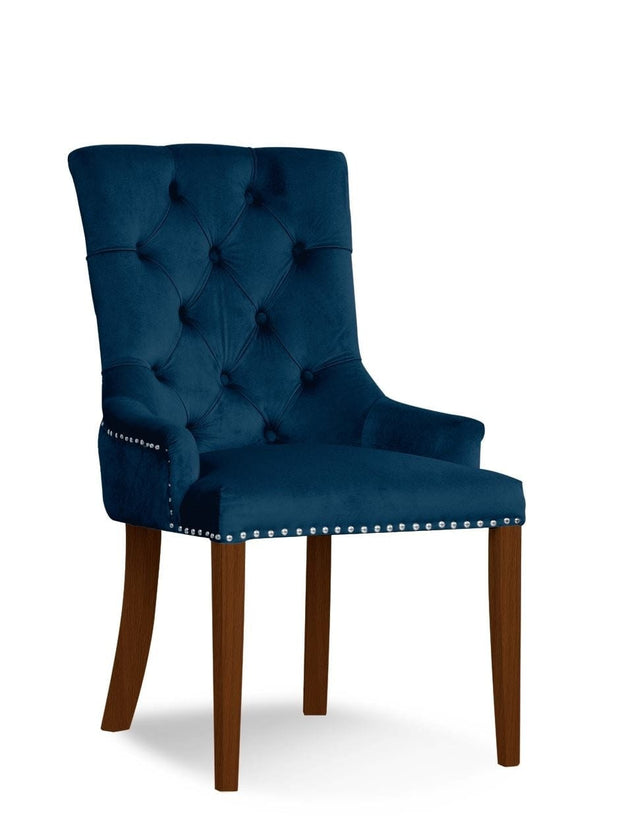 Sedia imbottita con tessuto e gambe in legno, August Velvet Bleumarin / Noce, l55xL59xH88 cm