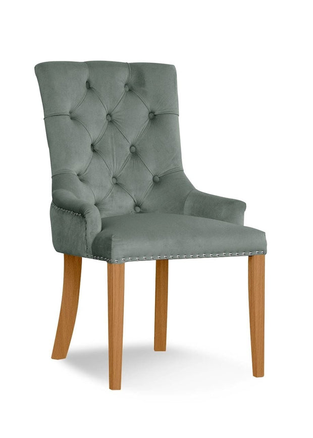 Sedia imbottita con tessuto e gambe in legno, August Velvet Grey / Oak, l55xL59xH88 cm