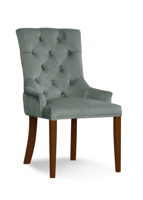 Sedia imbottita con tessuto e gambe in legno, August Velvet Grey / Walnut, l55xL59xH88 cm