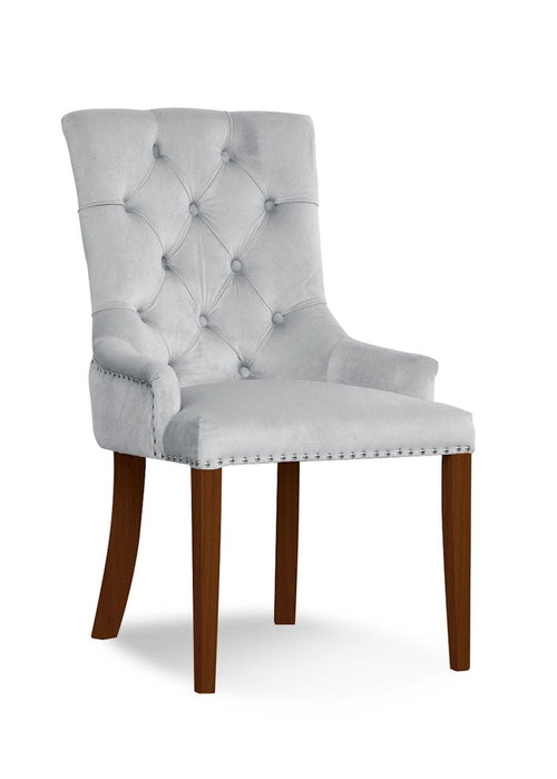 Sedia imbottita con tessuto e gambe in legno, August Velvet Silver / Walnut, l55xL59xH88 cm
