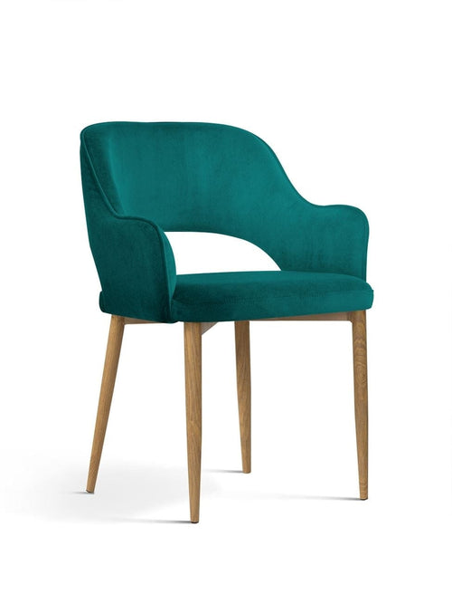 Sedia imbottita con tessuto e gambe in metallo, Mercy Velvet Turquoise / Oak, l54xL61xH78 cm