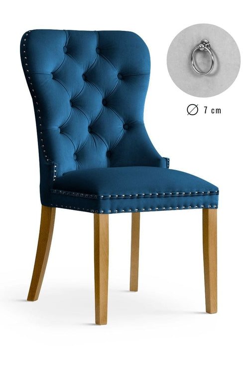 Sedia rivestita in tessuto e gambe in legno, Madame Velvet Bleumarin / Rovere, L56xP62xH98 cm