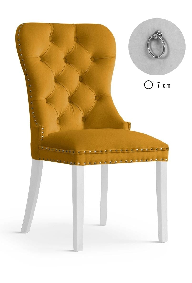 Sedia rivestita in tessuto e gambe in legno, Madame Velvet Mustard / White, l56xL62xH98 cm
