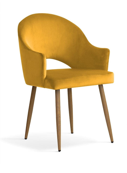 Sedia rivestita in tessuto e gambe in metallo, Goda Velvet Mustard / Oak, L56xL62xH87 cm