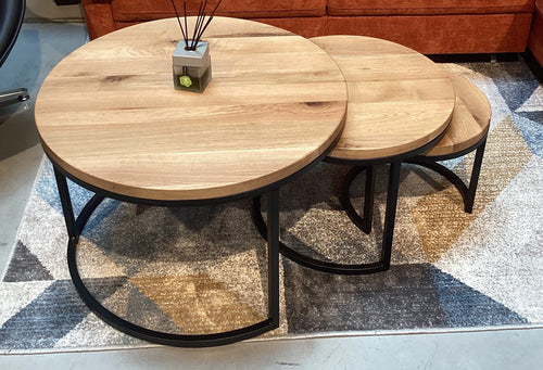 Mobex Set 3 mese de cafea din lemn de stejar salbatic si picioare metalice, Hugo Nobil Regular Stejar Bassano, Ø73xH50 / Ø53xH43 / Ø38xH35 cm