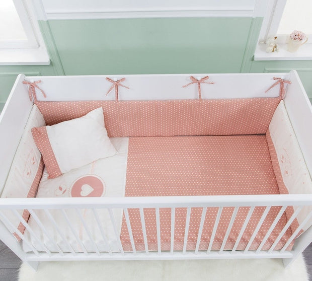 Set di biancheria per culla in cotone, 6 pezzi, Romantic Baby Bianco / Rosa, 80 x 130 cm