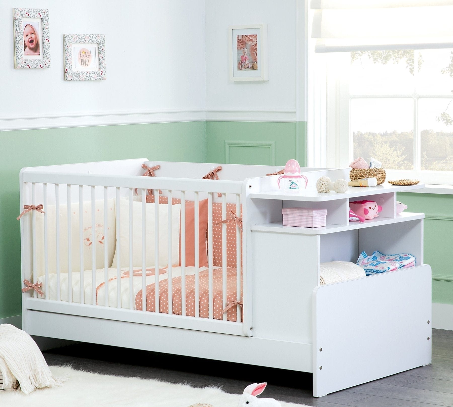 Set di biancheria per culla in cotone, 6 pezzi, Romantic Baby Bianco / Rosa, 80 x 130 cm (1)