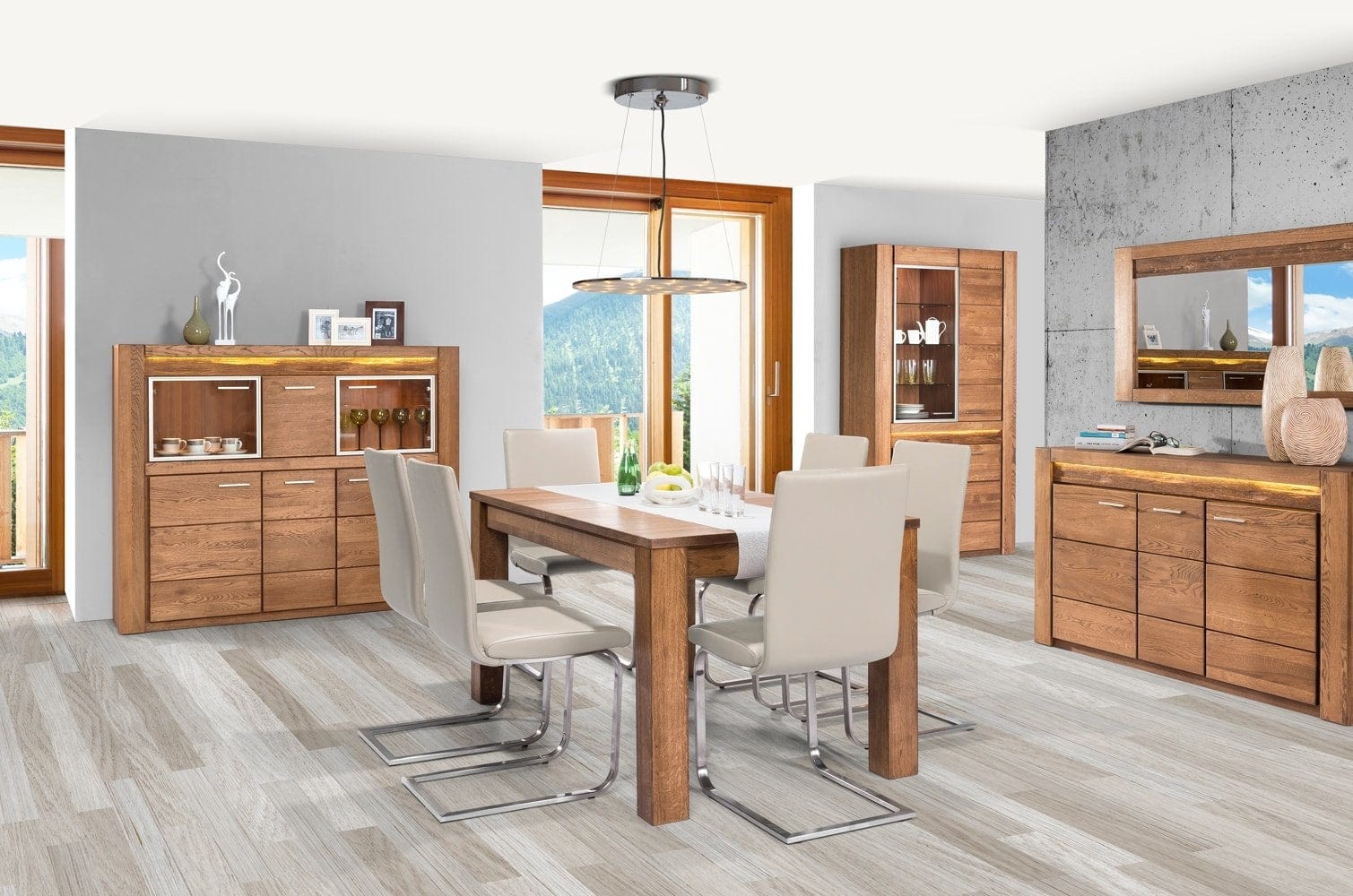 Set di mobili da pranzo 5 pezzi in rovere rustico Velvet, impiallacciatura e paglia