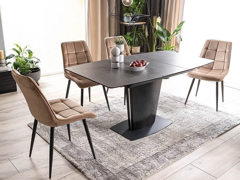 Signal Set masa extensibila din ceramica, sticla, MDF si metal, Brian Negru + 4 Scaune tapitate cu stofa si picioare metalice, Chase Velvet Bej / Negru, L120-160xl85xH76 cm