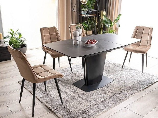 Signal Set masa extensibila din ceramica, sticla, MDF si metal, Brian Negru + 4 Scaune tapitate cu stofa si picioare metalice, Chase Velvet Bej / Negru, L120-160xl85xH76 cm
