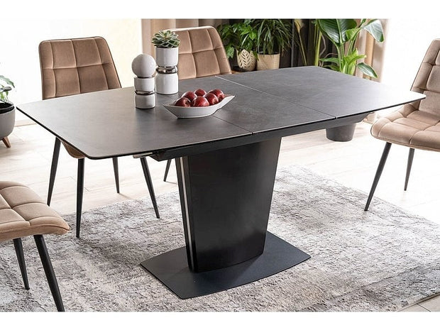 Signal Set masa extensibila din ceramica, sticla, MDF si metal, Brian Negru + 4 Scaune tapitate cu stofa si picioare metalice, Chase Velvet Bej / Negru, L120-160xl85xH76 cm