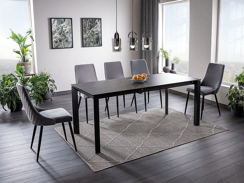 Signal Set masa extensibila din ceramica, sticla si metal, Metrapolaris Negru + 6 Scaune tapitate cu stofa si picioare metalice, Pirro B Velvet Gri / Negru, L120-180xl80xH76 cm