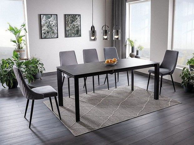 Signal Set masa extensibila din ceramica, sticla si metal, Metrapolaris Negru + 6 Scaune tapitate cu stofa si picioare metalice, Pirro B Velvet Gri / Negru, L120-180xl80xH76 cm