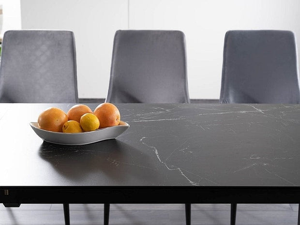 Signal Set masa extensibila din ceramica, sticla si metal, Metrapolaris Negru + 6 Scaune tapitate cu stofa si picioare metalice, Pirro B Velvet Gri / Negru, L120-180xl80xH76 cm