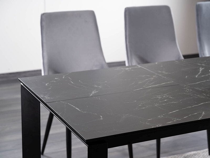 Signal Set masa extensibila din ceramica, sticla si metal, Metrapolaris Negru + 6 Scaune tapitate cu stofa si picioare metalice, Pirro B Velvet Gri / Negru, L120-180xl80xH76 cm