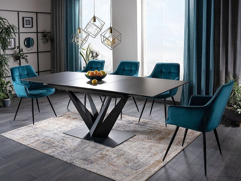 Signal Set masa extensibila din ceramica, sticla si metal, Sorin Negru + 6 Scaune tapitate cu stofa si picioare metalice, Lisbet Velvet Turcoaz / Negru, L160-220xl90xH76 cm