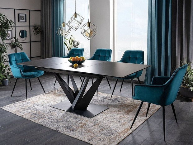 Signal Set masa extensibila din ceramica, sticla si metal, Sorin Negru + 6 Scaune tapitate cu stofa si picioare metalice, Lisbet Velvet Turcoaz / Negru, L160-220xl90xH76 cm