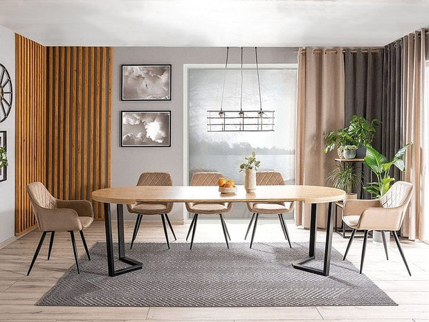 Signal Set masa extensibila din furnir si metal, Patricio Stejar Natural / Negru + 6 Scaune tapitate cu stofa si picioare metalice, Lilibet Velvet Bej / Negru, L100-250xl100xH76 cm
