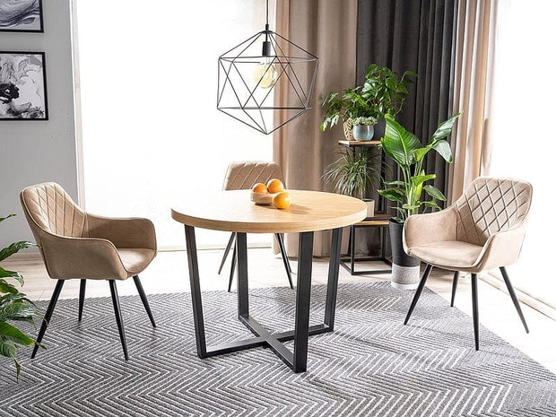 Signal Set masa extensibila din furnir si metal, Patricio Stejar Natural / Negru + 6 Scaune tapitate cu stofa si picioare metalice, Lilibet Velvet Bej / Negru, L100-250xl100xH76 cm